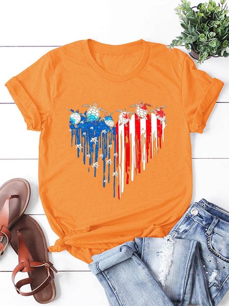 Turtles Flag Of America Heart women's round neck T-shirt, Orange, T-shirts