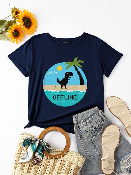 Offline Funny Graphic Dinosaur Women Tshirt, Navy blue, T-shirts