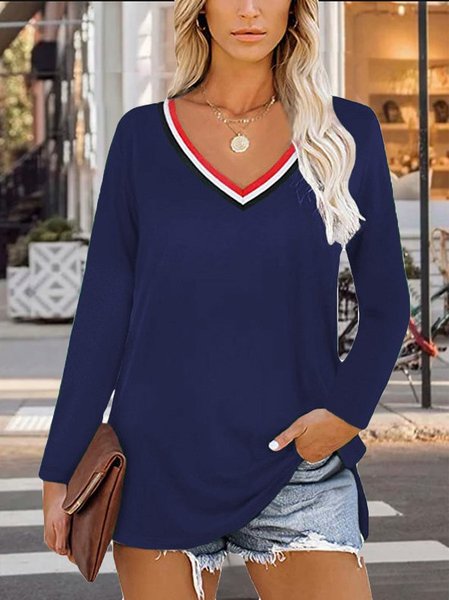 

Casual and simple basic V-neck long-sleeved top, Purplish blue, Long sleeve tops