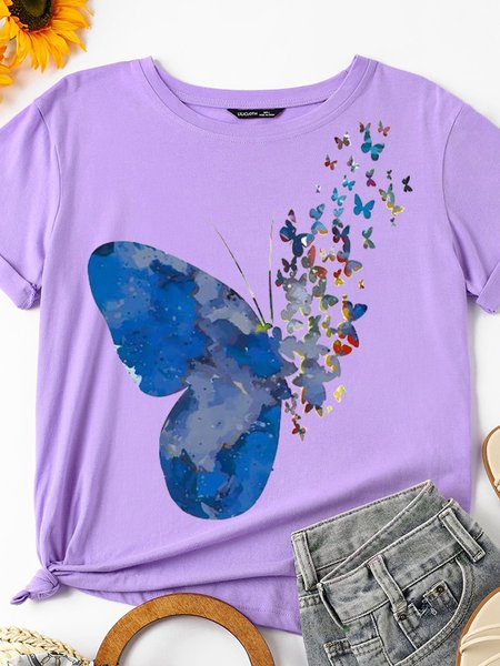 

Tie Dye Butterfly Graphic Women's Cotton Short Sleeve Casual Shirts & Tops, Purple, T-shirts