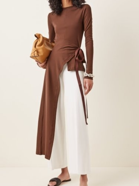 

Work Daily Fall Crew Neck Long Sleeve A-Line Top, Brown, Blouses and Shirts