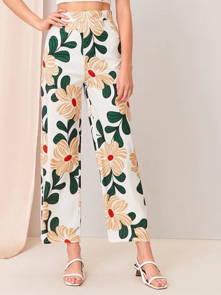 

Floral Casual Pants, White, Wide Leg Pants