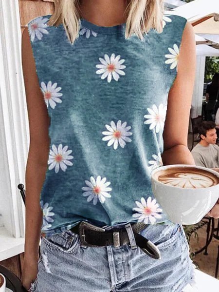

Sleeveless T-shirt with Daisy print round neck, Blue, Tank Top