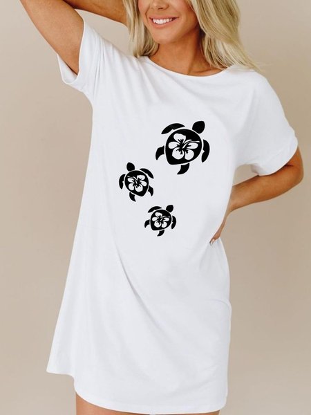 

Sea Turtle Gradient Color Short Sleeve Dresses, White, Casual Dress