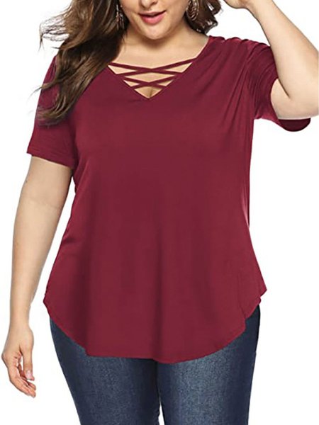 

V Neck Short Sleeve Casual Shirts & Tops, Wine red, T-Shirts