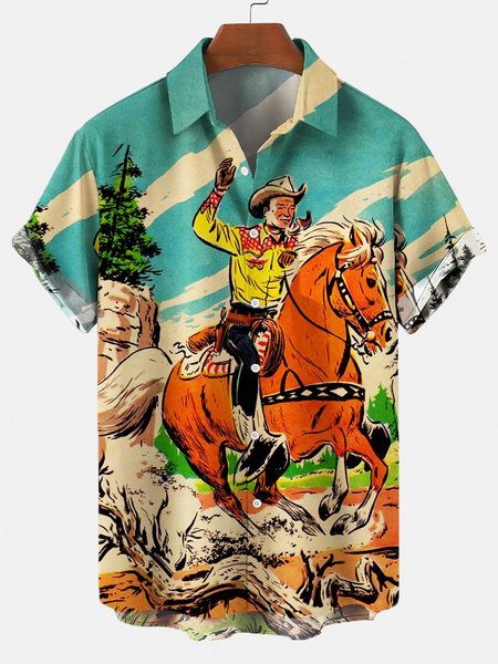 

Men's Retro Cowboy Pocket Equestrian Casual Loose Comfortable Shirt, Blue, Shirts ＆ Blouse