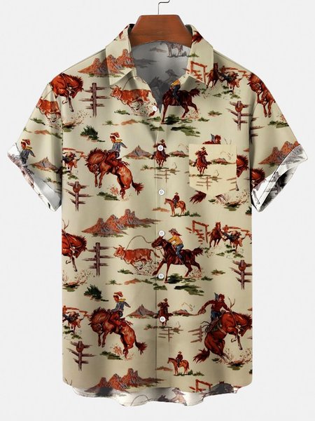 

Men's Retro Cowboy Pocket Equestrian Casual Loose Comfortable Shirt, Khaki, Shirts ＆ Blouse