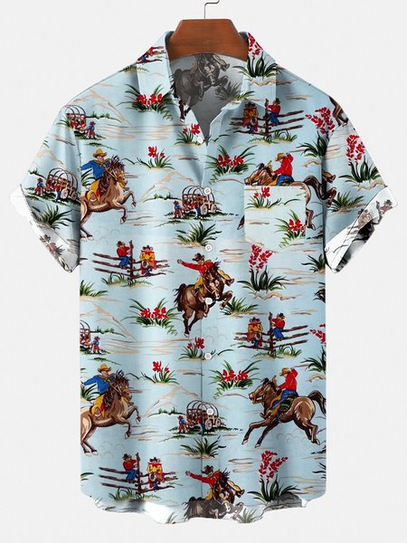 

Men's Retro Cowboy Horse Style Lover Pocket Equestrian Casual Loose Comfortable Shirt, Blue, Shirts ＆ Blouse
