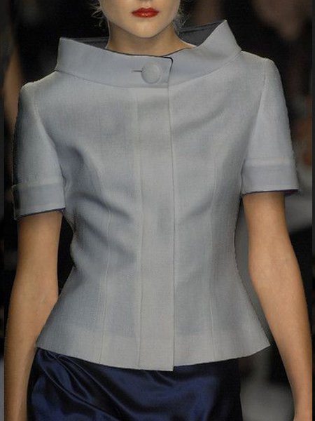 

Stand Collar Short Sleeve Casual Shirt, Gray, Blouses and Shirts