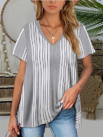 

Striped Casual Short Sleeve A-Line Shirts & Tops, Stripe-gray, T-Shirts