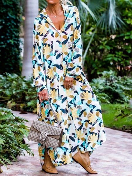 

Casual Printed Leisure Vacation Beach Loose Long Shirt Dresses, Green, Boho dresses