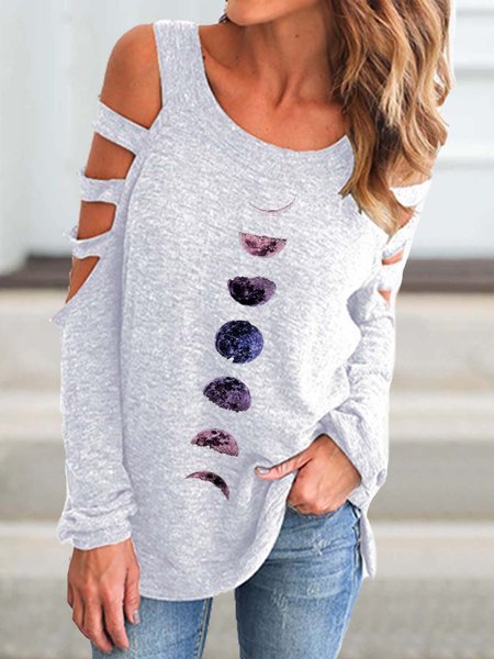 

Crew Neck Printed Cotton Shirts & Tops, Gray, Long sleeve tops