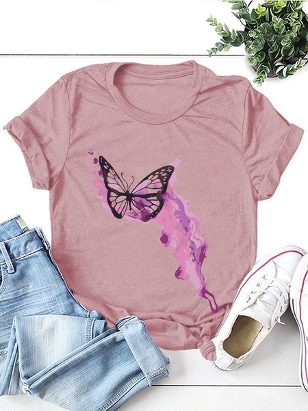 

Watercolor Butterfly Cotton-Blend Short Sleeve Casual Shirts & Tops, Brick red, T-shirts