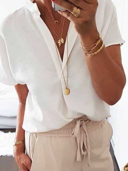

Misto Cotone Solido Top, Bianco, Blouses & Shirts