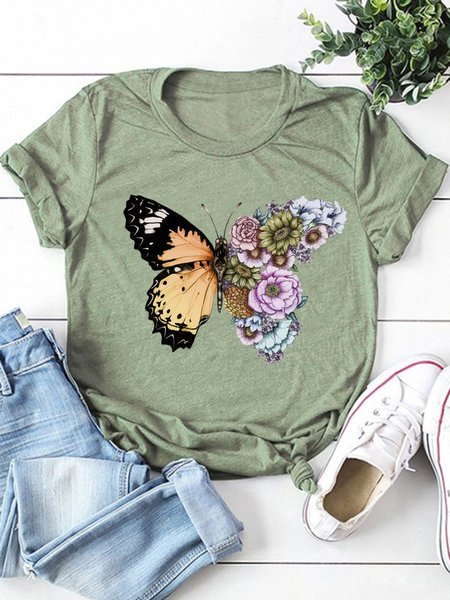 

Flowers And Butterfly Casual Short Sleeve Cotton-Blend Shirts & Tops, Army green, T-shirts
