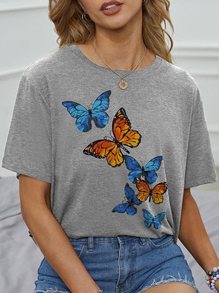 

Flying Butterflies Short Sleeve Cotton-Blend Casual Shirts & Tops, Gray, T-shirts