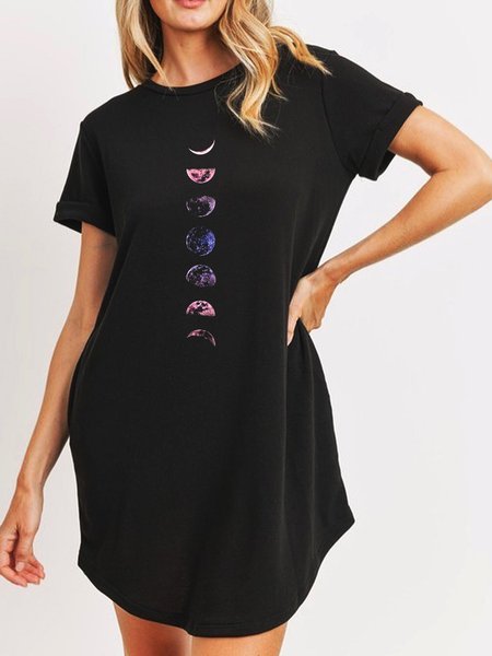 

Moon Short Sleeve Tee Dresses, Black, Casual Dress
