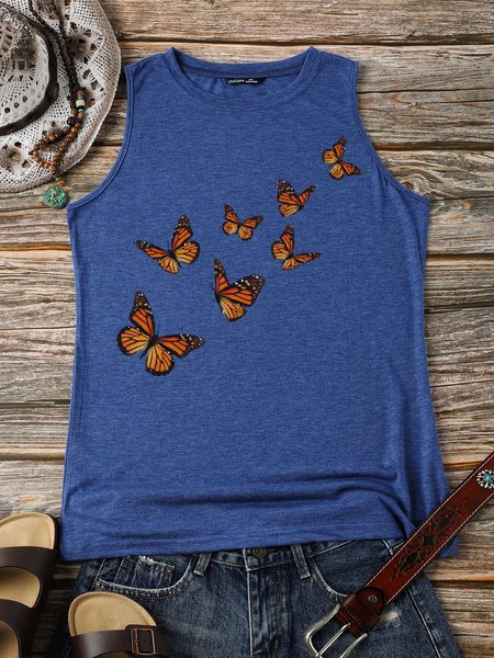 

Butterflies Crew Neck Short Sleeve Cotton-Blend Vests, Blue, Tank Tops