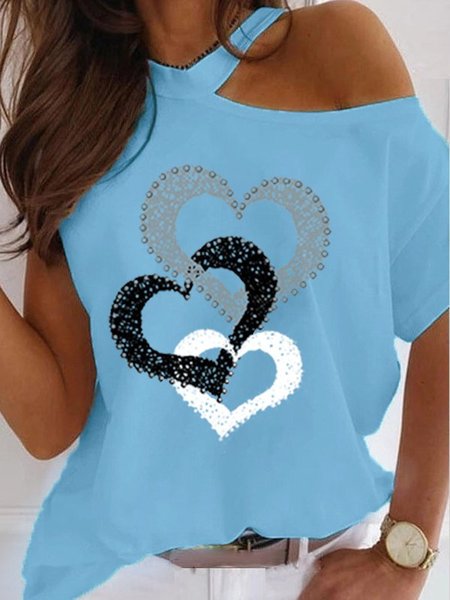 

Casuale Una Spalla Maniche Corte Stampato Top, Blu, Blouses & Shirts