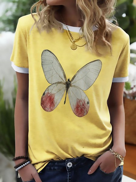 

Butterfly Graphic Casual Ringer Tee, Yellow, T-shirts