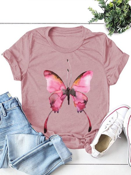 

Watercolor Butterfly Short Sleeve Cotton-Blend Crew Neck Shirts & Tops, Brick red, T-shirts