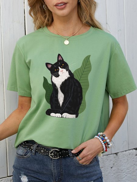 

Black Cat Graphic Casual Tee, Olive green, T-shirts