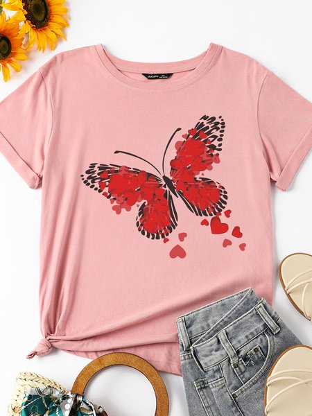 

Heart Butterfly Casual Cotton-Blend Shirts & Tops, Brick red, T-shirts