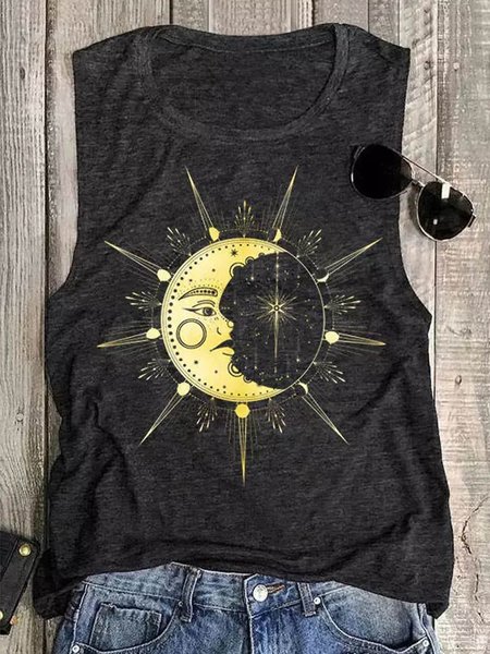 

Sun Moon O-Neck Women Tank Top, Black, Tank Tops