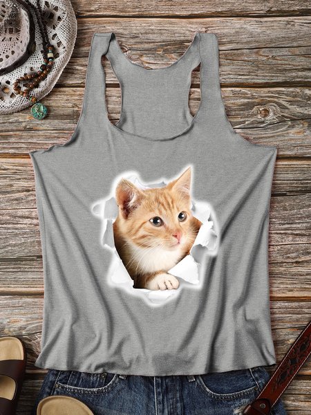 

The Cat Broke The Wall 3D Graphic Vest Top, Gray, Tank Tops