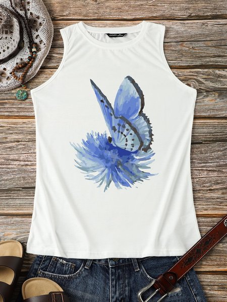 

Flower And Butterfly Casual Crew Neck Short Sleeve Vests, White, Tank Tops