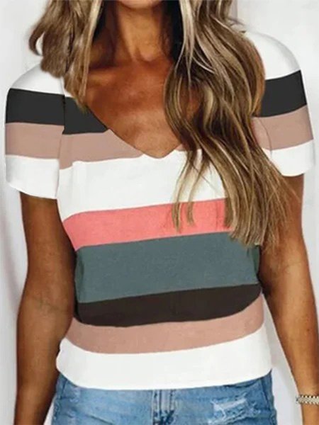 

Vintage Maniche Corte Multicolore a Righe Scollo a V taglia grande Casuale Top, T-Shirts