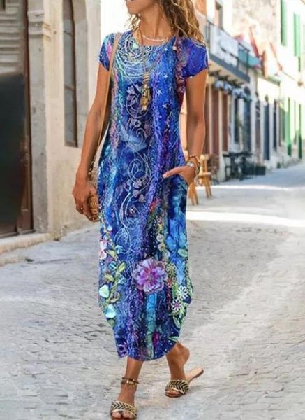 

Crew Neck Cotton Dresses, Green, Maxi Dresses