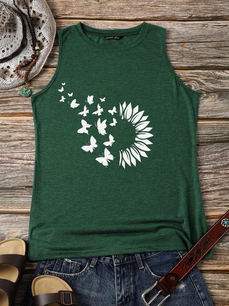 

Sunflower And Butterfly Crew Neck Casual Cotton-Blend Vests, Dark green, Tank Tops