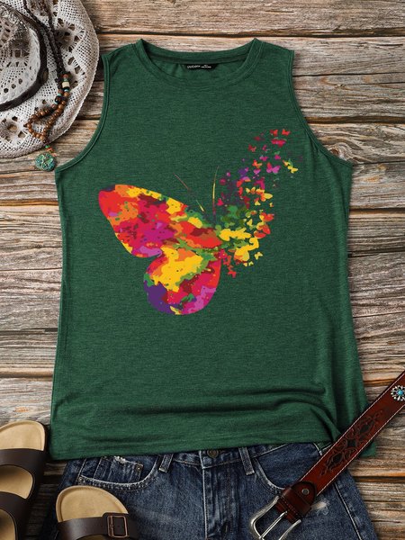 

Butterfly Cotton-Blend Crew Neck Short Sleeve Vests, Dark green, Tank Tops