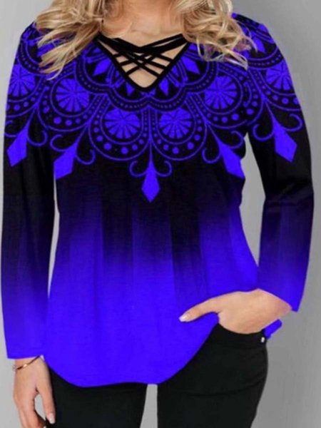 

plus size women a-line casual long sleeve shirts & tops, Blue, Long sleeve tops