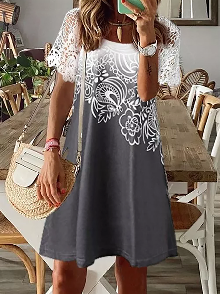 

taglia grande Maniche Corte Stampato Gonna Casuale, Grigio, Mini Dresses