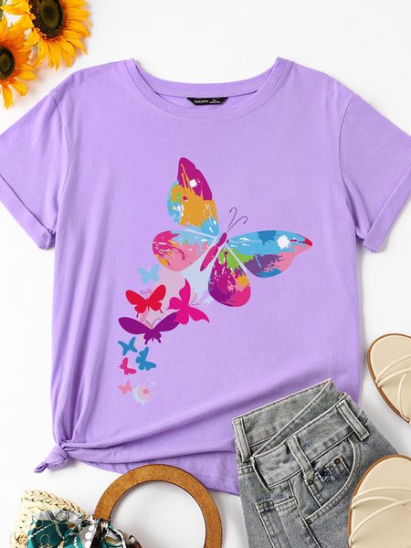 

Colorful Butterfly Casual Cotton-Blend Short Sleeve Shirts & Tops, Purple, T-shirts