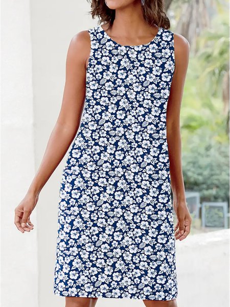 

Boho Floral-print Round Neck Casual Sleeveless Dresses, Blue, Casual Dresses