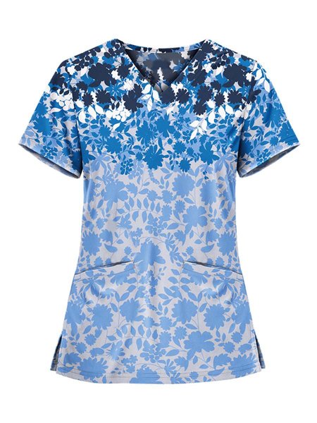 

floral a-line short sleeve shirts & tops, Blue, T-Shirts