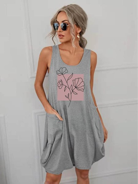 

Fnny Floral Print Women's Cotton-Blend Sleeveless Casual Dresses, Light gray, Casual Dress