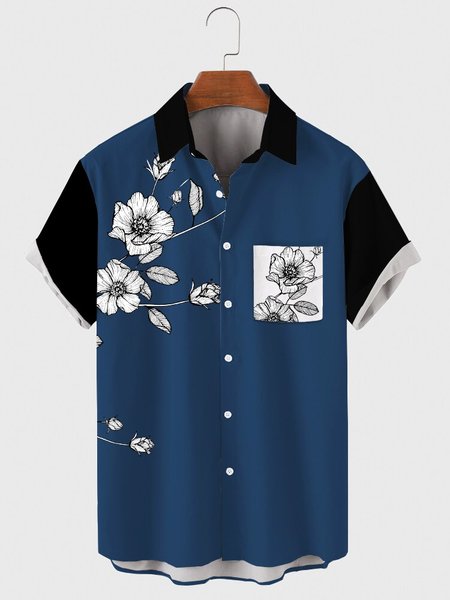 

Mens Floral Print Casual Lapel Pocket Short Sleeve Hawaiian Shirts, Blue, Men's Floral shirt