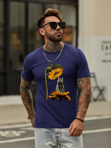 

Sunflower And Black Cat Graphic Short Sleeve Tee, Deep blue, T-shirts