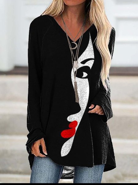 

Astratto Maniche Lunghe Casuale Dritto Top, Nero, Blouses & Shirts