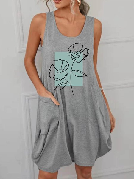 

Funny Floral Print Women's Casual Sleeveless Dresses, Light gray, Casual Dress