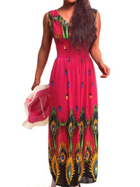 

Bohemian Geometrico Stampato Scollo a V senza maniche taglia grande Casuale Spiaggia Abito, Rosa rosso, Dresses