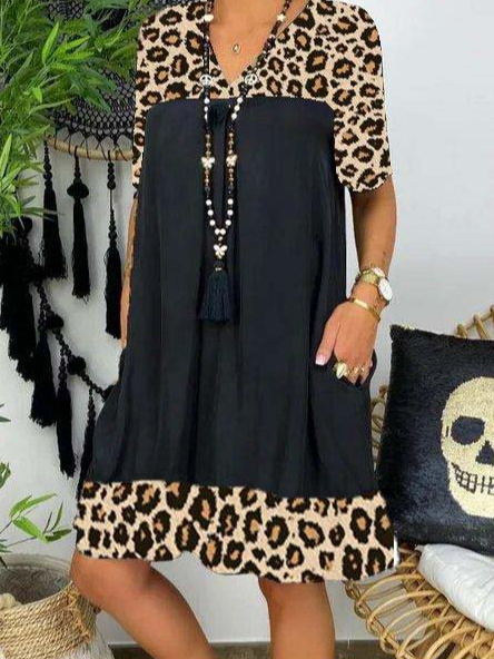 

V Neck Leopard Short Sleeve Dresses, Black, Casual Dresses