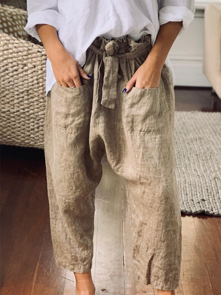 

Tasche Misto Cotone Solido Casuale Pantaloni, Cachi, Pants