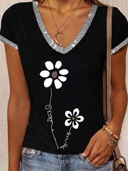 

Floral V Neck Short Sleeve Casual Shirts & Tops, Black, T-Shirts