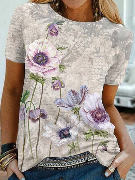 

Floral Cotton-Blend Short Sleeve Casual Shirts & Tops, Apricot, T-Shirts