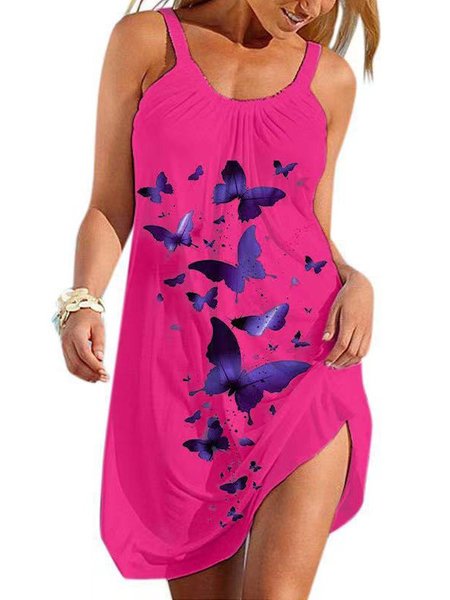 

Sleeveless Printed Casual Dresses, Fuchsia, Mini Dresses